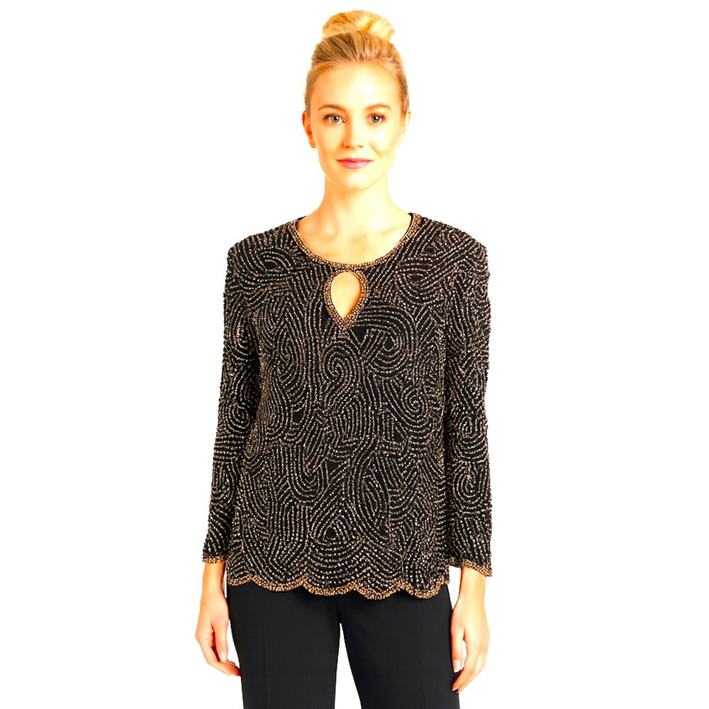 Royal Feelings Vintage Black Gold Beaded Sequins Women 1X Gatsby Evening Wear